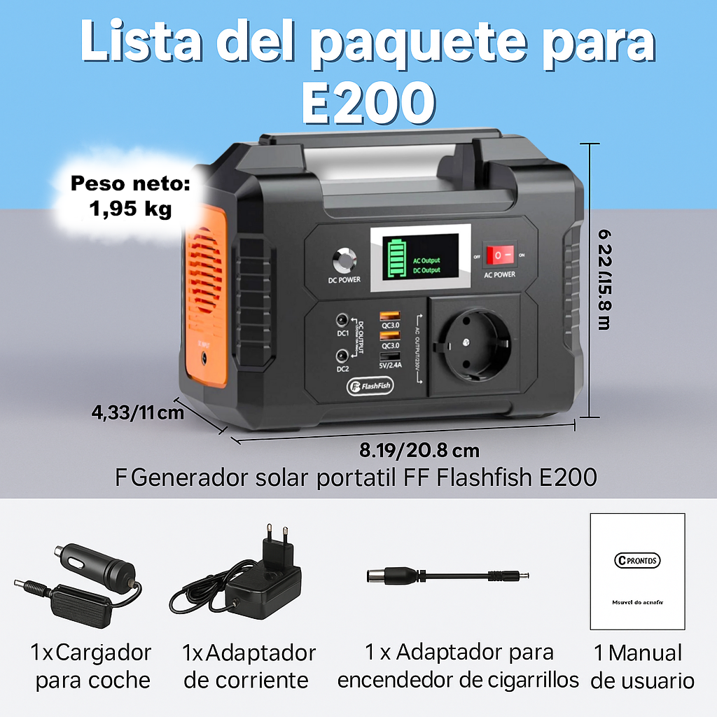 Generador solar portátil FlashFish 200W, batería 151Wh